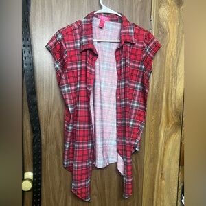 Chic Red Plaid Sleeveless Button Down Shirt